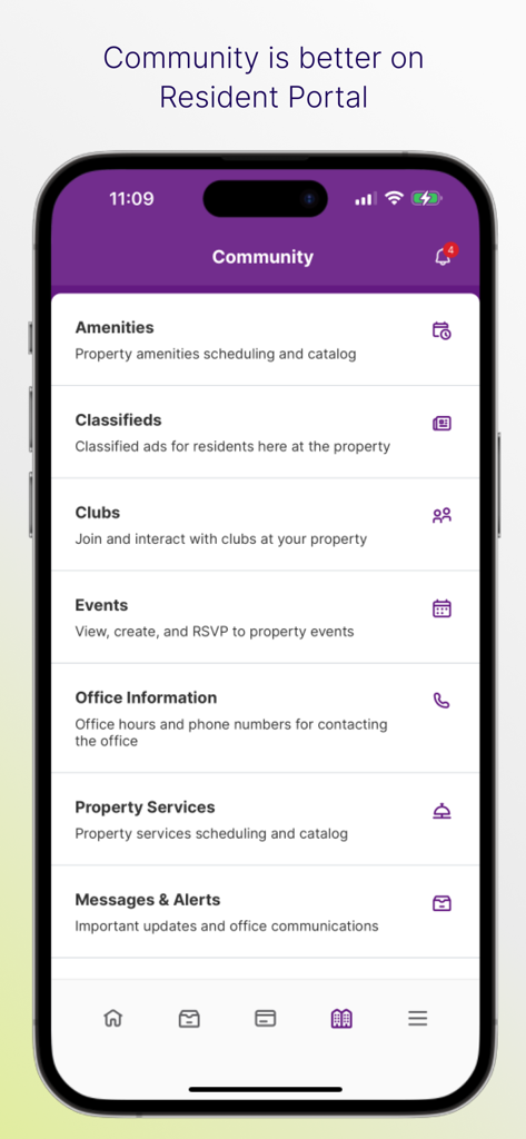 Schermata della comunità dell'app Portale Residenti Mobile che mostra servizi, club, eventi e servizi della proprietà