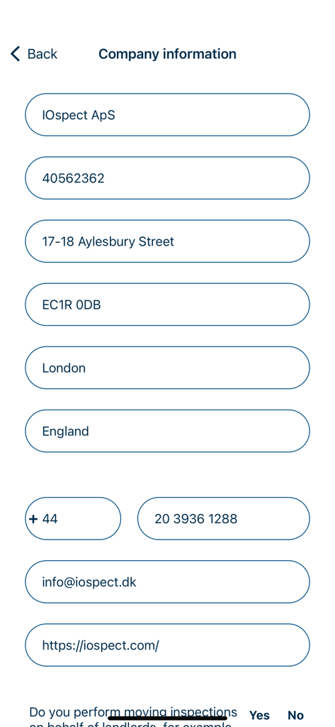 A screenshot of the DomuSpect app company information form for property managers and landlords.