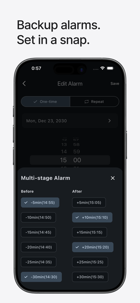 Interfaz de la aplicación Alarrrm que muestra la pantalla de configuración de alarmas de respaldo de múltiples etapas en un iPhone.