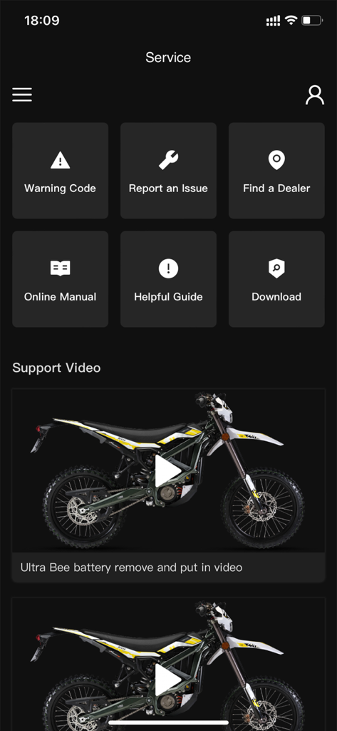 SURRON - SURRON app service screen featuring maintenance guides and electric bike support videos
