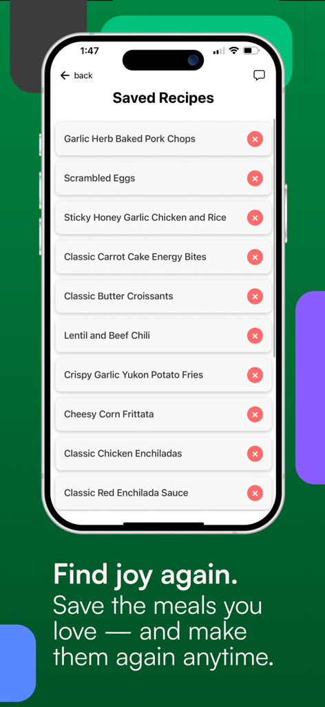 Rosey – Easy Dinner Ideas - A smartphone display showing the Saved Recipes screen in the Rosey app with a list of dinner ideas like pork chops and chicken enchiladas