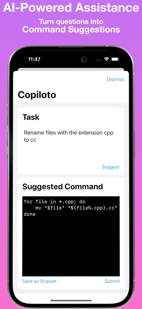 El asistente de IA de La Terminal sugiriendo comandos de shell a partir de tareas en lenguaje natural