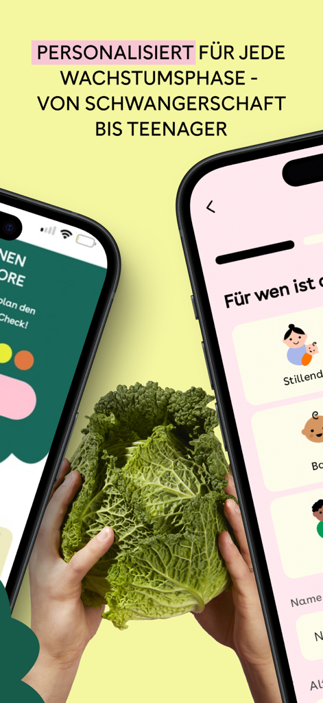 Nutrilini - Familienernährung - Nutrilini app interface showing personalized nutrition plans for families from pregnancy to teenage years