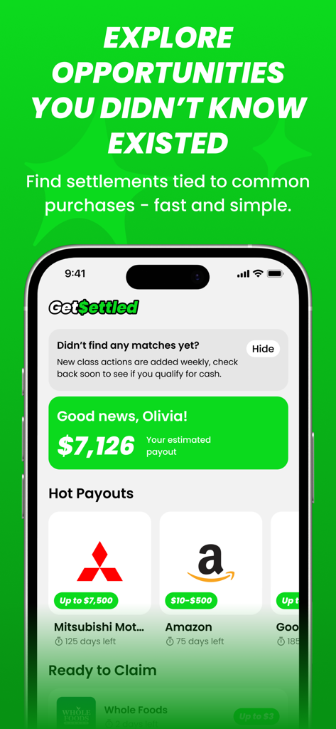 GetSettled: Claim Your Cash - GetSettledアプリのインターフェース。AmazonやMitsubishi Motorsのようなブランドからの推定和解金支払い額と注目の支払い額が表示されています。