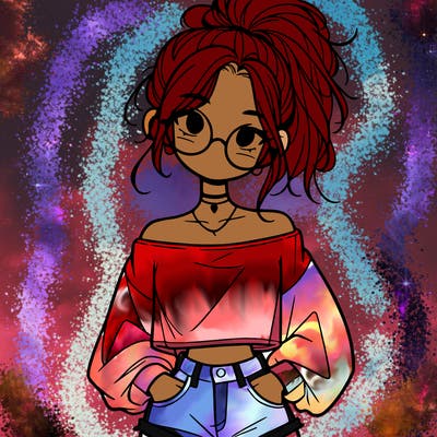 girl with a messy ponytail glasses a baggy crop top and jean shorts