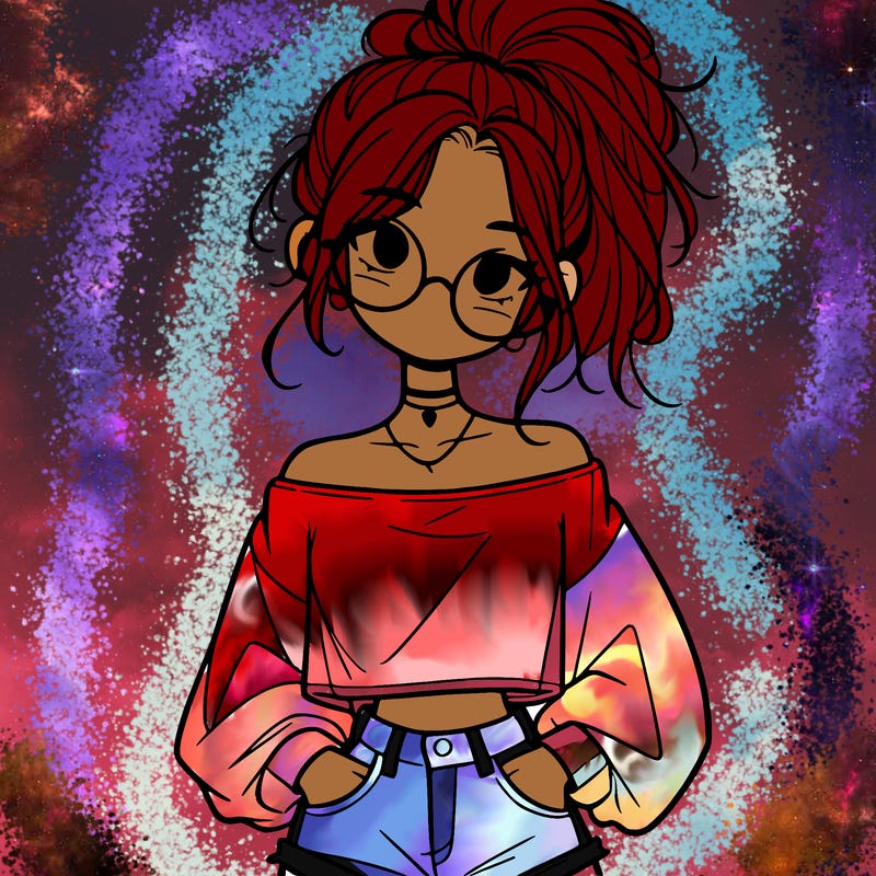 girl with a messy ponytail glasses a baggy crop top and jean shorts