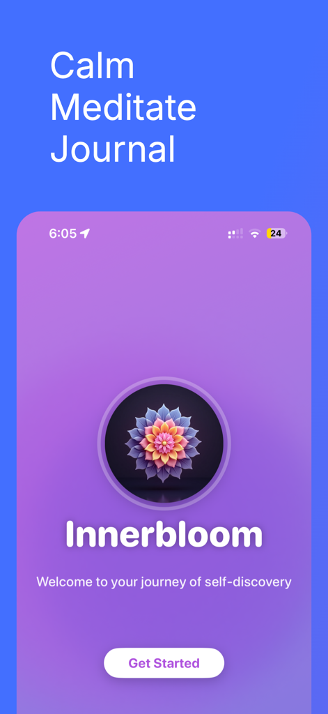 Innerbloom: Calm, Sleep, Focus - Tela de boas-vindas do aplicativo Innerbloom mostrando o logotipo e o botão Iniciar