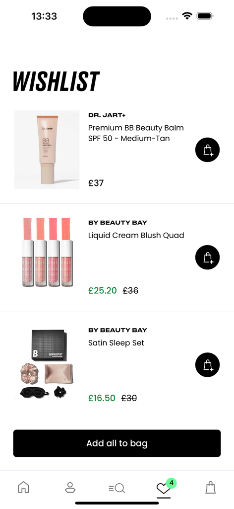 BEAUTY BAY app wishlist page with saved skincare and makeup items including a BB balm and blush quad