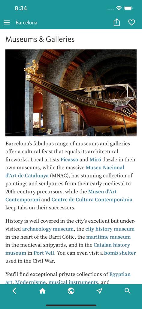 Barcelona Art & Culture - Screenshot of the Museums and Galleries section in the Barcelona Art and Culture app featuring a historical ship