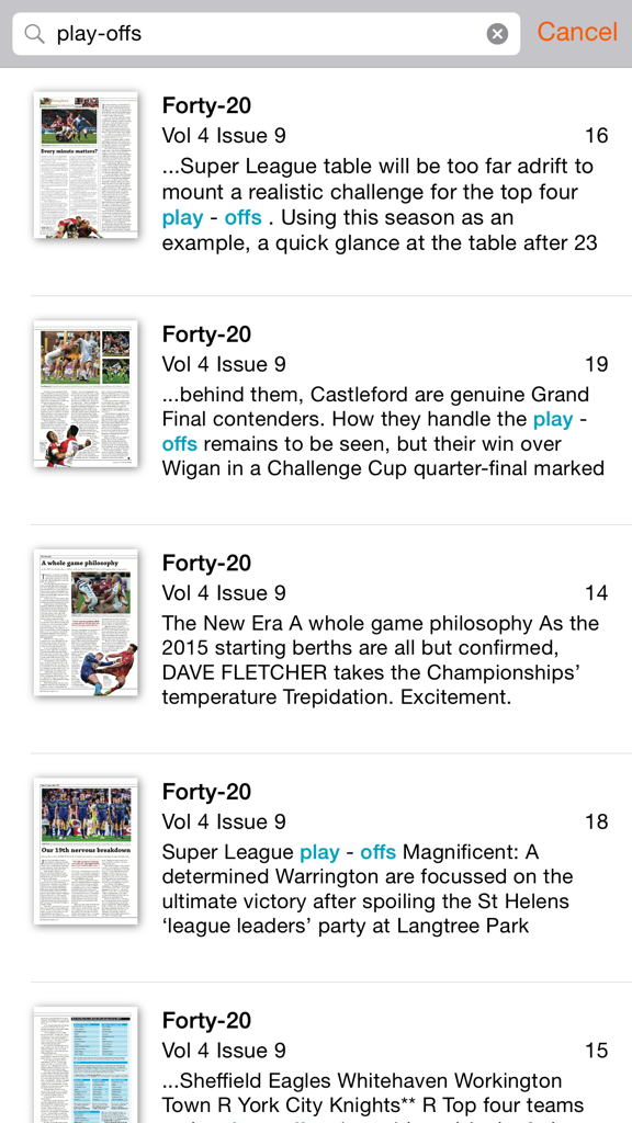 Forty-20 - A search results screen in the Forty-20 app showing various articles about rugby league play-offs