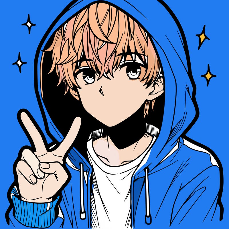 teenage manga boy in a hoodie, doing ✌