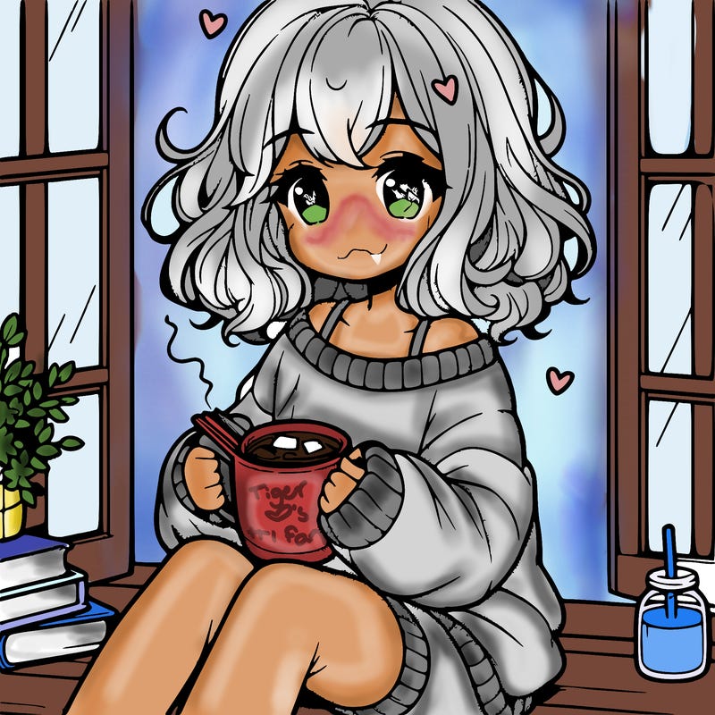 cute anime girl reading book and drinking hot chocolate from mug with loose wavy hair wearing a baggy sweatshirt and shorts sitting by windowsill looking out