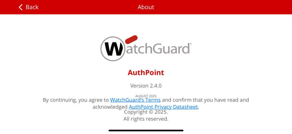 WatchGuard AuthPoint about screen showing app version and privacy terms