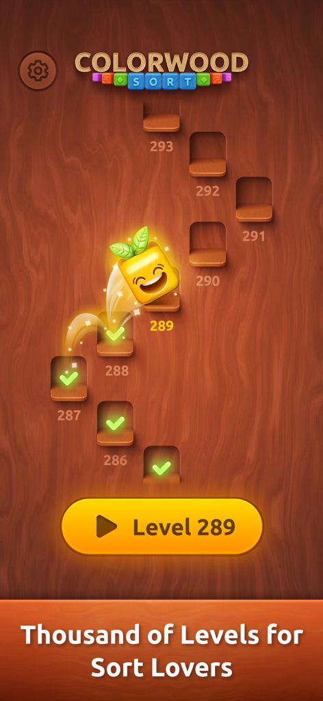 Level progression screen in Colorwood Sort showing a happy block character advancing through wooden puzzle levels.