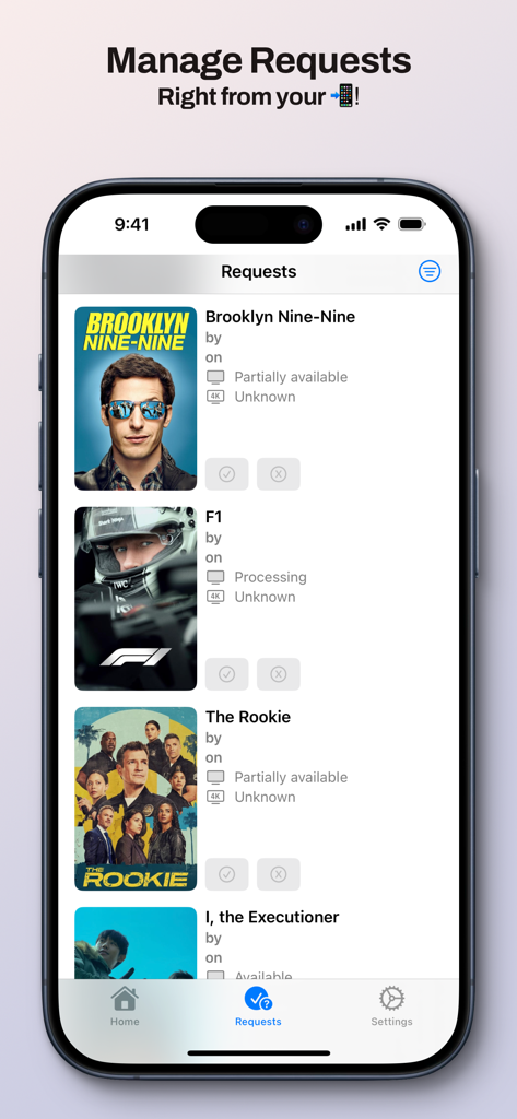 Ovue for Overseerr - Ovue app interface showing a list of media requests with availability status for shows like Brooklyn Nine-Nine
