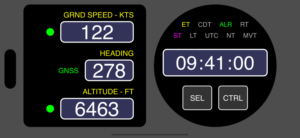 Panel de instrumentos digital que muestra la velocidad terrestre, el rumbo, la altitud y un cronómetro circular