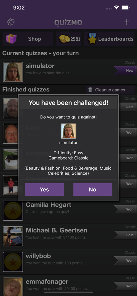 Quizmo - Quizmo trivia game interface showing a challenge notification from a friend