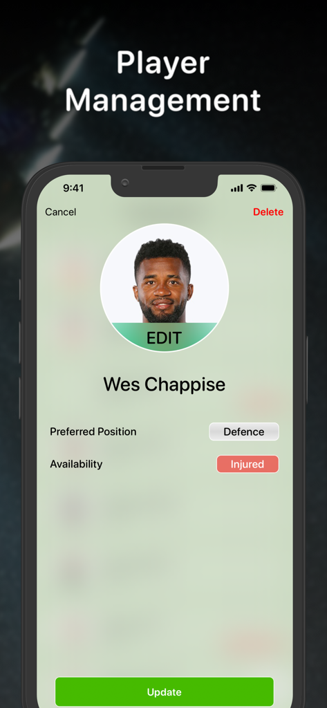 Uma interface de aplicativo móvel para gerenciar perfis de jogadores de futebol mostrando posição e status de disponibilidade.