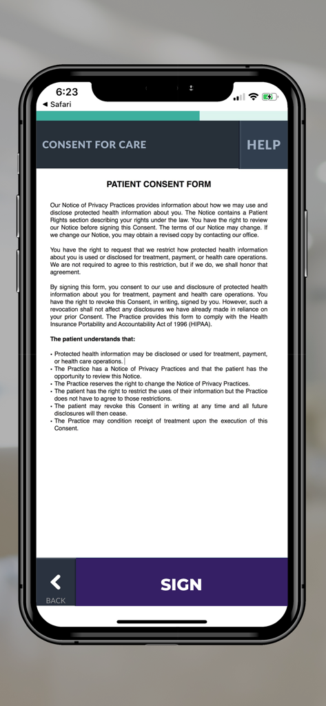 A patient consent form screen within the Teladoc Health Patient mobile app featuring a sign button.