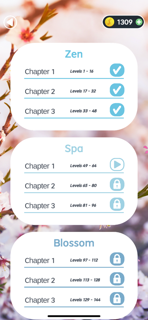 Word Swipe Connect: Crossword - Chapter selection screen showing Zen Spa and Blossom levels with a cherry blossom background.