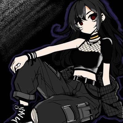 anime girl with a crop top and ripped jeans