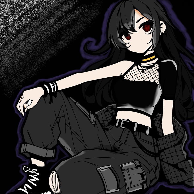 anime girl with a crop top and ripped jeans