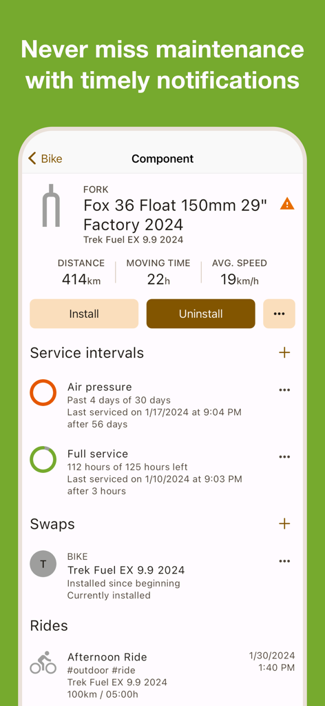ProBikeGarage: Bicycle tracker - Bicycle component maintenance dashboard showing service intervals for a suspension fork