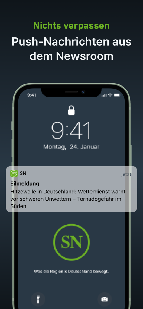 Smartphone, das eine Push-Benachrichtigung über Eilmeldungen von der SN-Nachrichten-App anzeigt