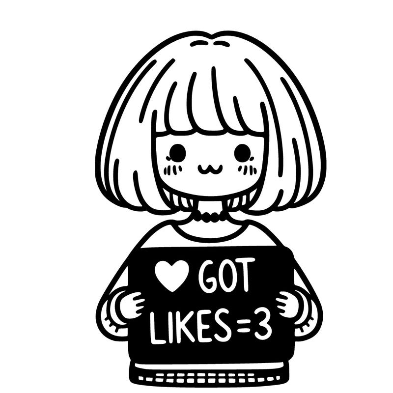 girl who has a bob cut holding a sign that says i got 16 likes <3