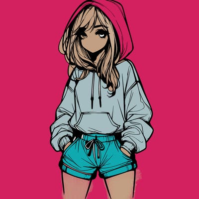 realistic girl in shorts and hoodie
