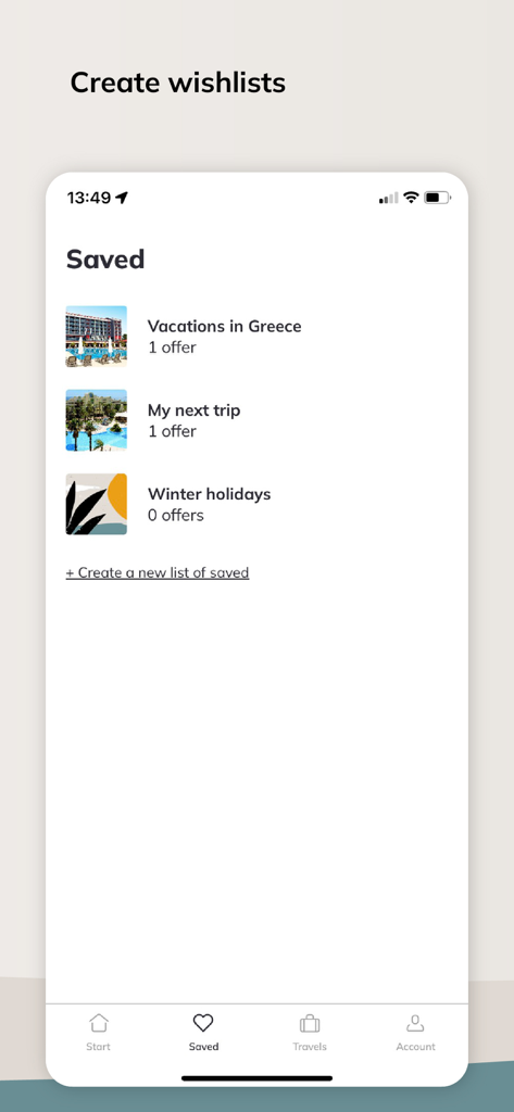 Saved travel offers and wishlists in the Itaka mobile app