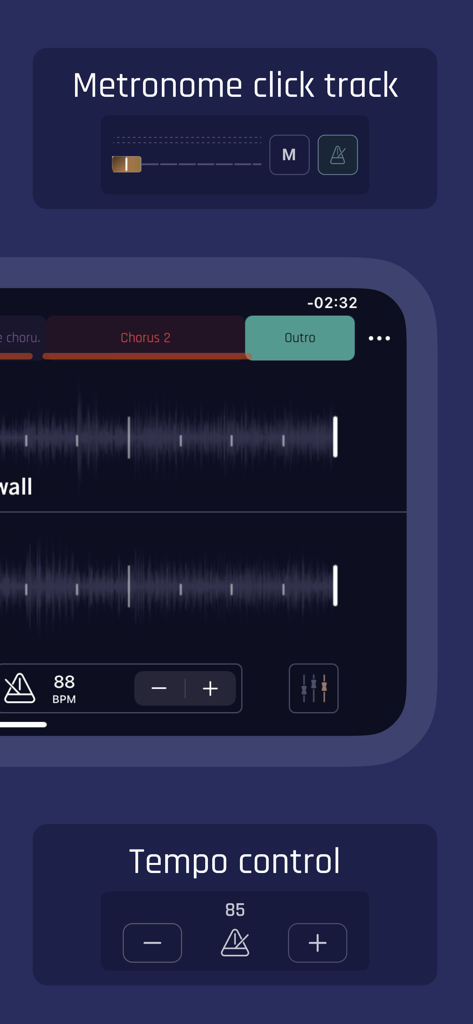 Jamzone - Sing & Play Along - Jamzone app interface showing metronome click track and tempo control features
