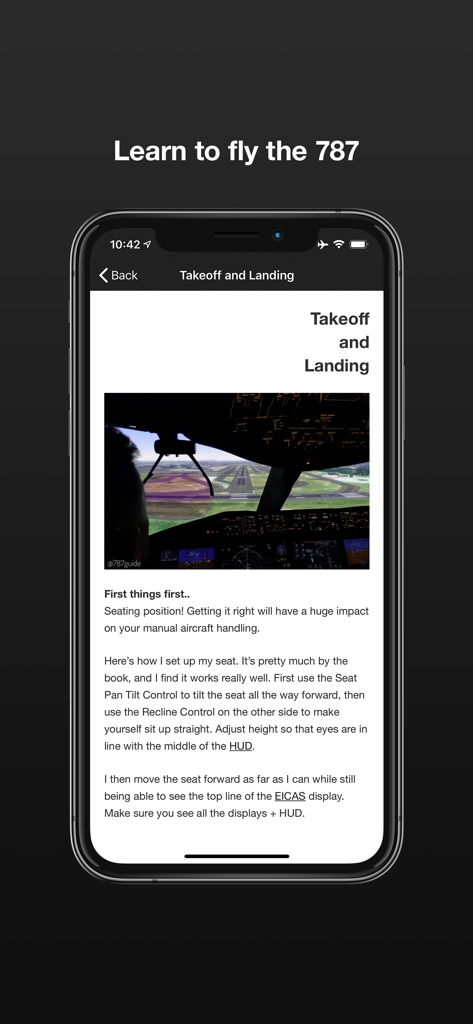 787 Guide - Boeing 787 Guide app screen showing takeoff and landing procedures with a cockpit view of the runway
