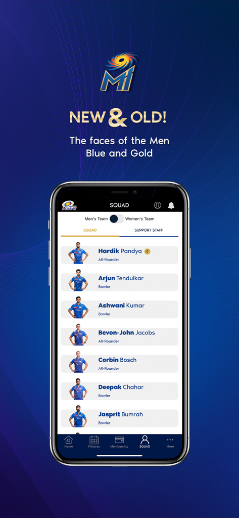 Mumbai Indians Official App - App oficial de los Mumbai Indians mostrando la lista del equipo de cricket masculino con perfiles de jugadores.