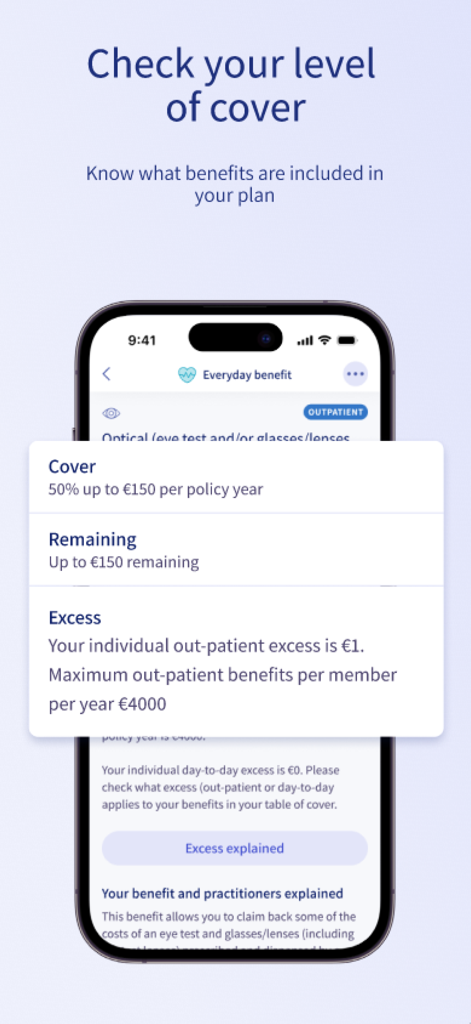 MyIrishLife app screen showing insurance plan benefits and cover details