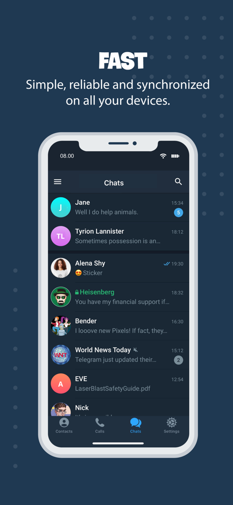 Tela da lista de chats do aplicativo Tele Messenger exibindo várias conversas com contatos e mensagens de grupo em um smartphone