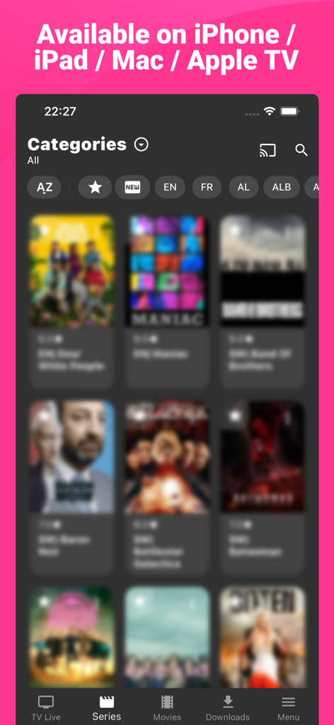 Interface IPTV Smarters Player Expert affichant les catégories de séries et la disponibilité multiplateforme sur iPhone, iPad, Mac et Apple TV