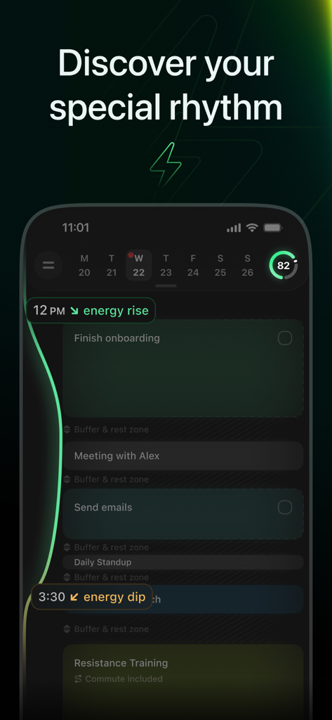 Exoplan: energy-aware calendar - Exoplan app interface displaying a daily schedule with energy rise and energy dip indicators for optimized task planning