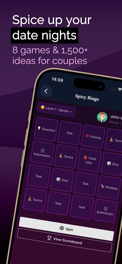 Foreplay: Couples Games - Interface of the Spicy Bingo game in the Foreplay app featuring various intimacy categories.