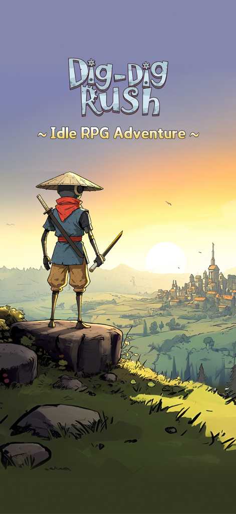 Héroe robot observando un atardecer en una ciudad en la aventura RPG inactivo Dig-Dig Rush