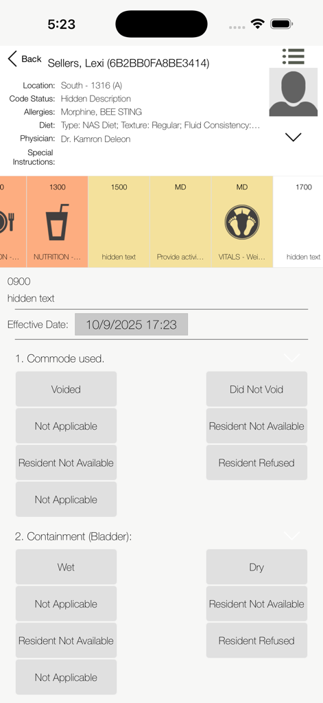 PointClickCare Point of Care - Interface of PointClickCare Point of Care mobile app showing resident profile and clinical documentation tasks for voiding and containment.