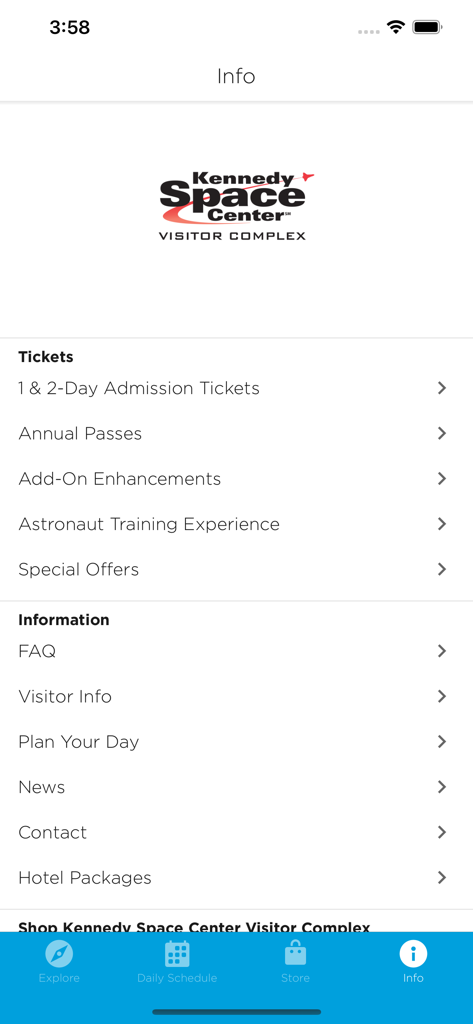 Information screen of the Kennedy Space Center Guide app showing ticket and visitor info menus