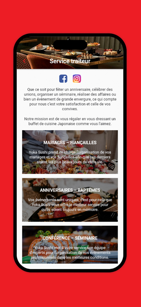 Yoka Sushi app catering page showing services for weddings birthdays and business seminars