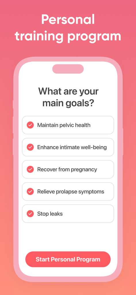Mobile app screen showing personal training goals for pelvic floor health and recovery