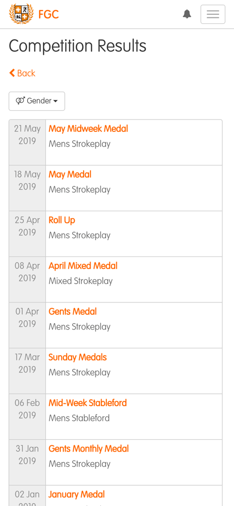 A mobile screen showing a list of recent golf competition results with names and dates in the ClubV1 Members Hub app