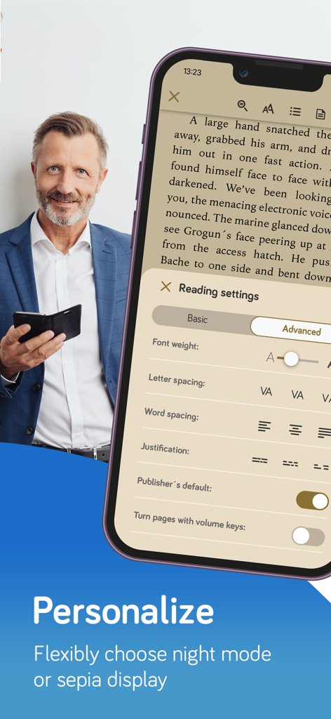 tolino - eBooks & audiobooks - tolinoアプリのインターフェースに、フォントとスペーシングのパーソナライゼーションのための高度な読書設定が表示されています。