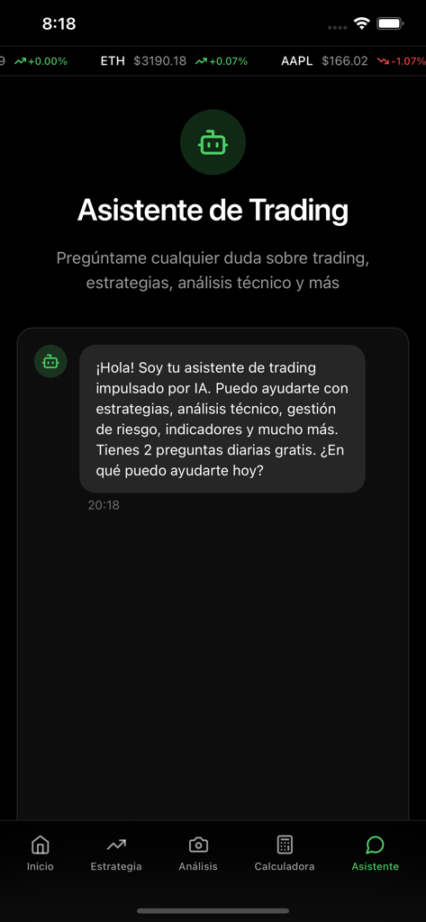 Tradeando - Interfaz de la aplicación Tradeando que muestra el chat del asistente de trading impulsado por IA para estrategias y análisis financieros