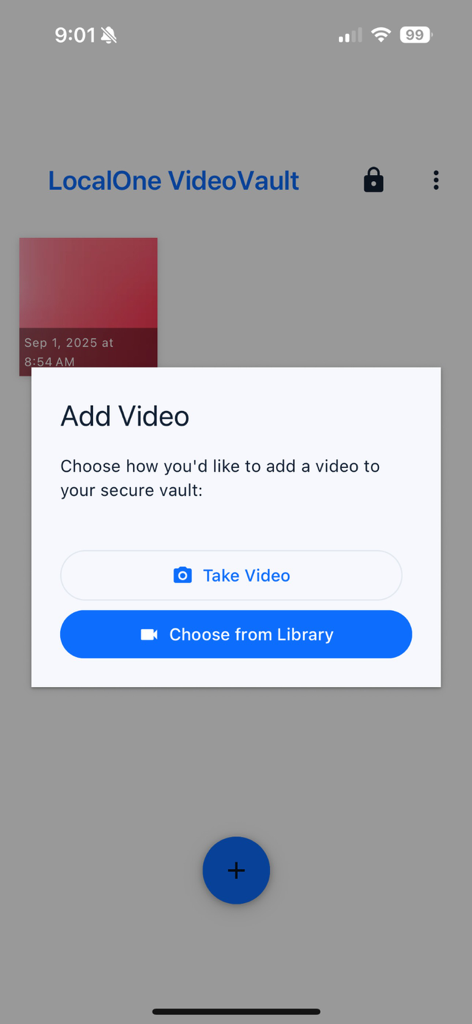 LocalOne VideoVault - LocalOne VideoVault 앱 화면, 동영상 촬영 또는 라이브러리 선택 옵션이 있는 동영상 추가 대화 상자 표시