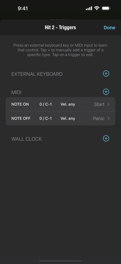Interface for configuring MIDI and external keyboard triggers in the Go Button app showing Note On and Note Off actions.
