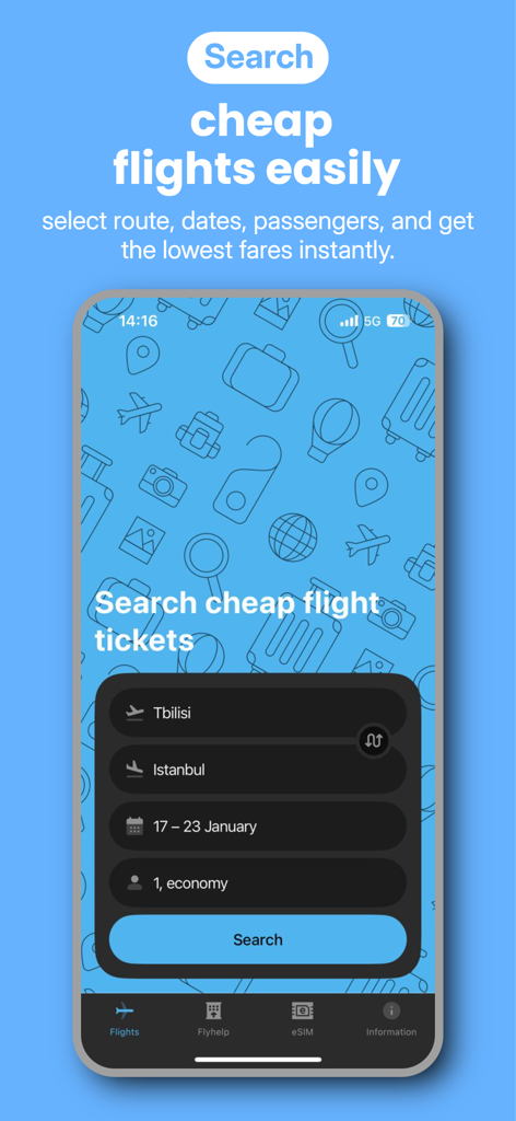 Mobile Ansicht der Avia.ge-App, die eine Flugsuchoberfläche mit Routen zwischen Tiflis und Istanbul zeigt